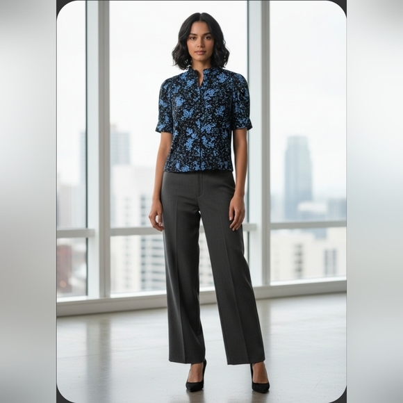 WHO WHAT WEAR Black & Light Blue Abstract Floral Button Down Blouse Size Large - Picture 3 of 15